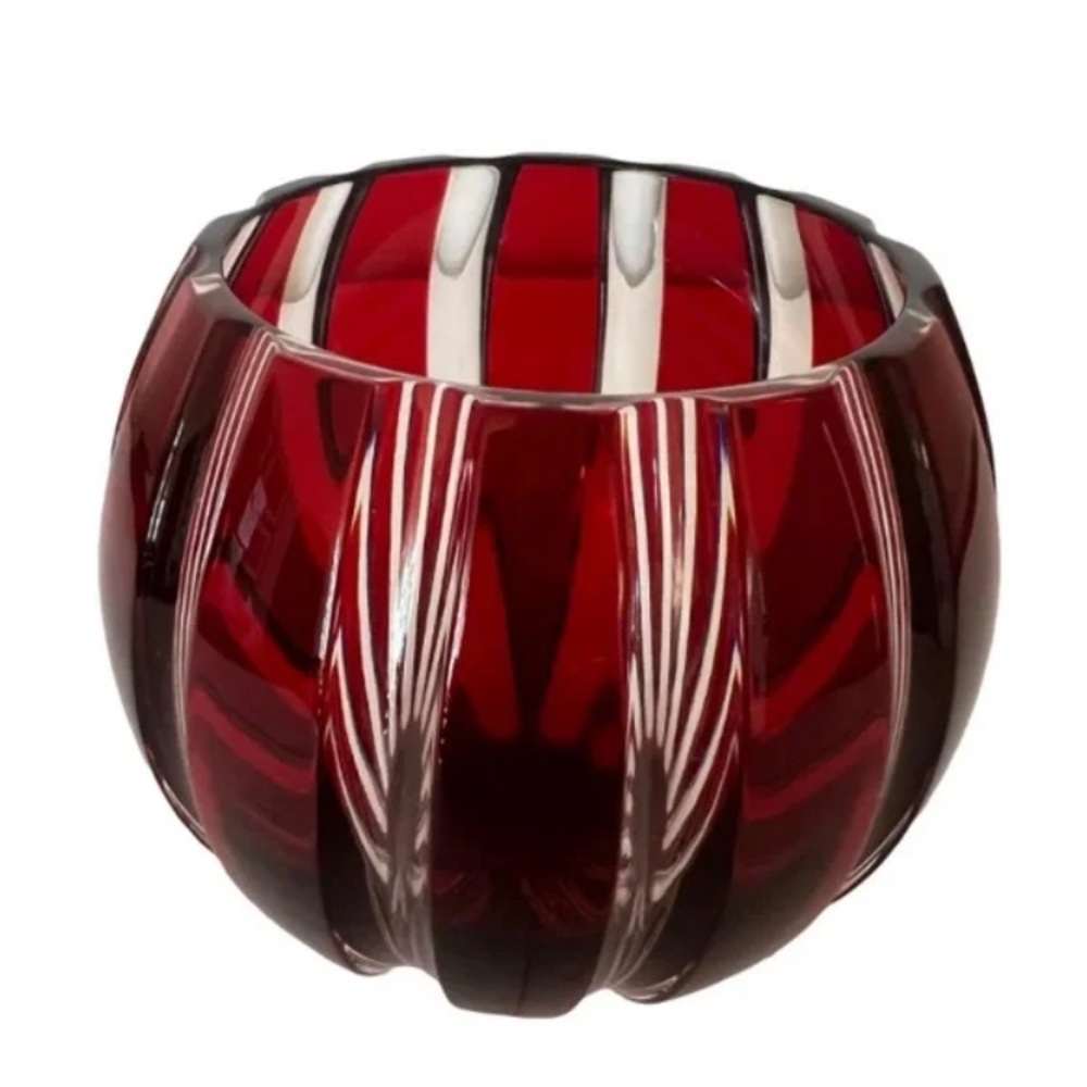 Faberge Paralleie Small Ruby Red Cut to Clear Bulbous Candle Votive Holder